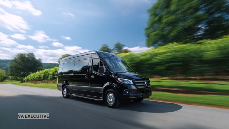 Luxury black Sprinter van driving along a scenic road through rolling Virginia wine country vineyards under a soft, golden sky.