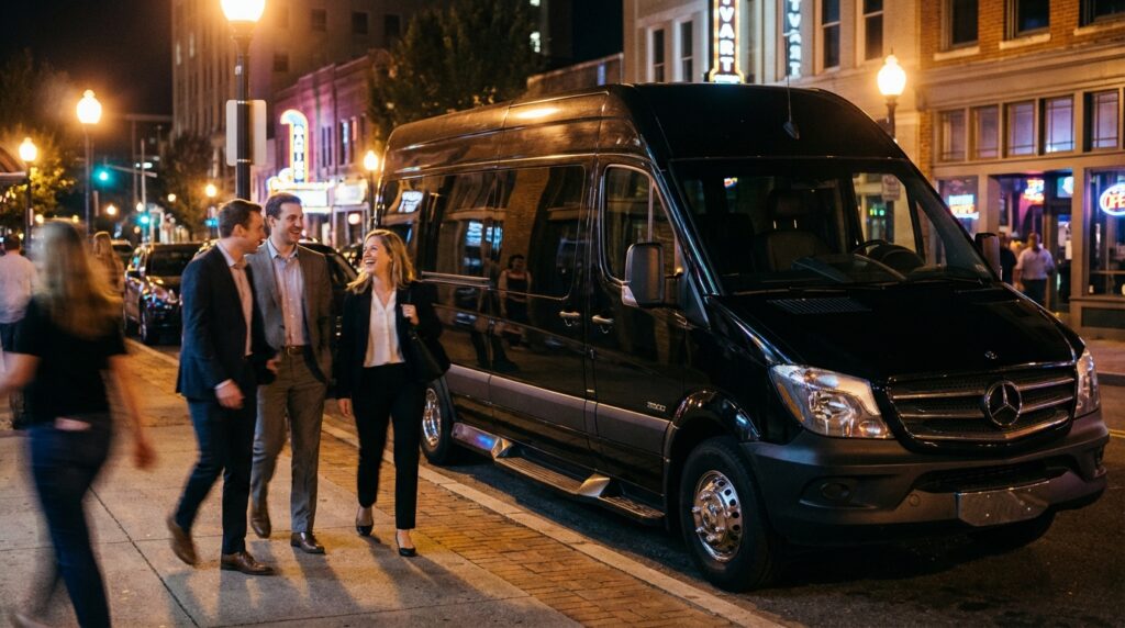 Executive group in elegant evening attire walking away from a luxury black transport van toward a sophisticated after-hours event entrance under city lights.