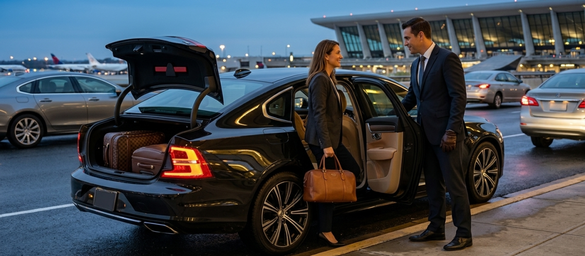Woman being helped out of a luxury sedan by a chauffeur at an airport.