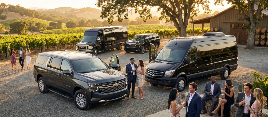 Luxury vehicles parked at the entrance of a winery with scenic vineyard surroundings.