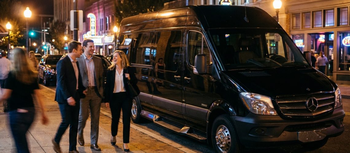 Executive group in elegant evening attire walking away from a luxury black transport van toward a sophisticated after-hours event entrance under city lights.