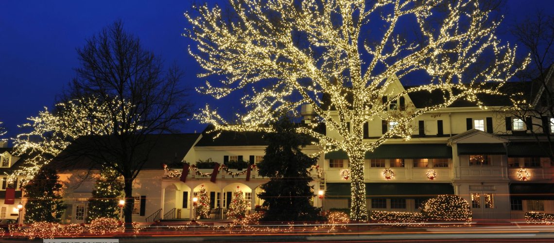 View of dazzling holiday light displays seen from inside a luxurious chauffeured vehicle in Virginia.
